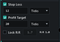 CustomChartTrader stop loss and profit target controls with tick-based settings.